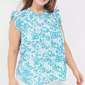 Lane Bryant Flutter Sleeve Ruffle Neck Blouse Blue Floral Size 14